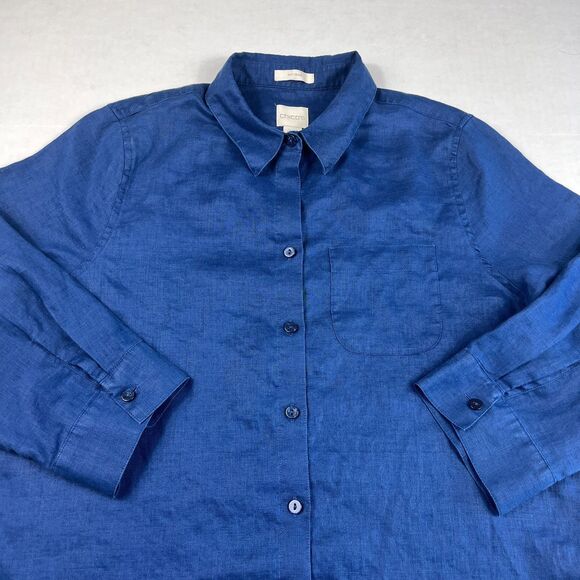 Chicos No Iron Linen Shirt Blue Button Down 3/4 Sleeve Collared Top Small .5 - Picture 3 of 10